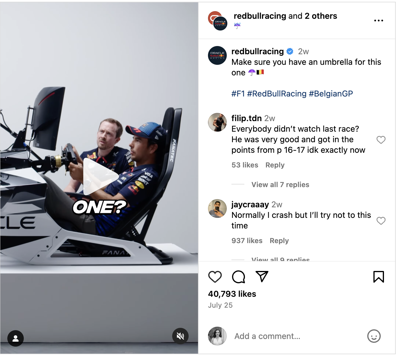 An Instagram post from Red Bull Racing and Oracle featuring an F1 racer using Oracle technology during a driving simulation.